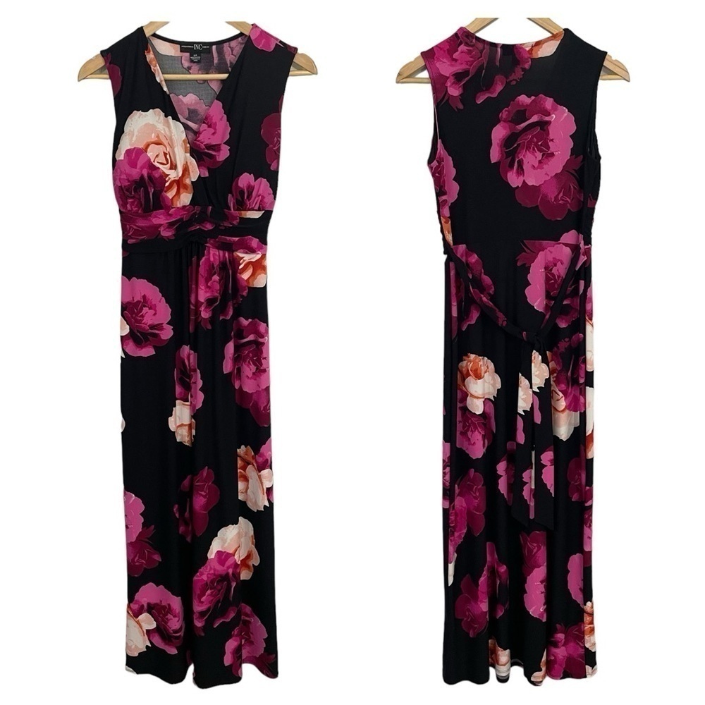 INC Sleeveless Floral Maxi Dress Womens S Black Pink Tropical Classy Feminine